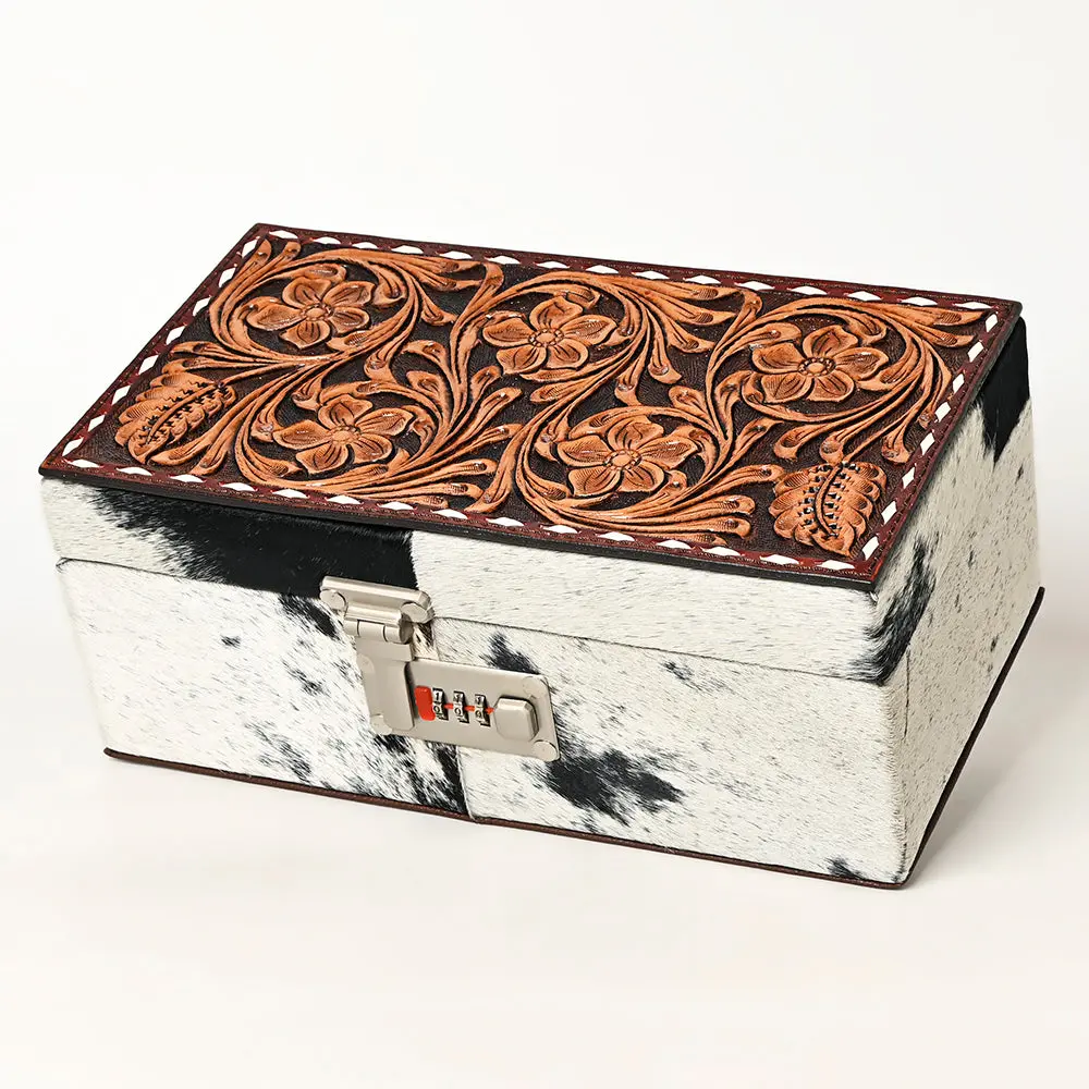 American Darling Hair-On Cowhide Hand Tooled Floral Carved Leather Jewelry Case Genuine Western Leather With Ykk Zipper 1