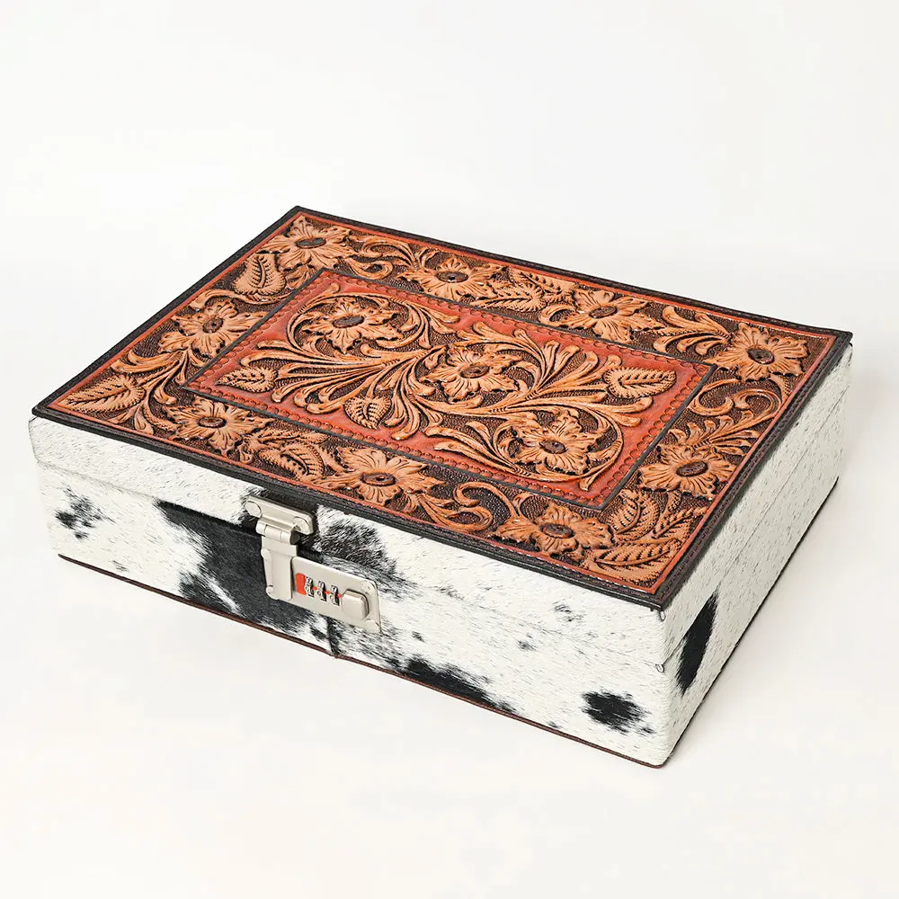 American Darling Hair-On Cowhide Hand Tooled Floral Carved Leather Jewelry Case Genuine Western Leather With Ykk Zipper 1