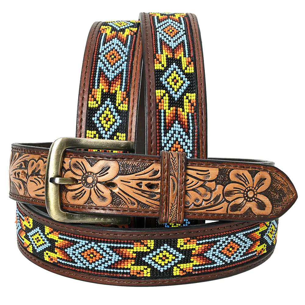 Hilason Western Genuine Leather Belt For Men Women Cowboy Cowgirl Handmade Unisex Full Grain Heavy Duty Tooled Beaded Belt 1