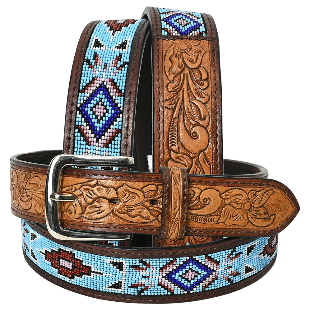 Hilason Western Genuine Leather Belt For Men Women Cowboy Cowgirl Handmade Unisex Full Grain Heavy Duty Tooled Beaded Belt 1