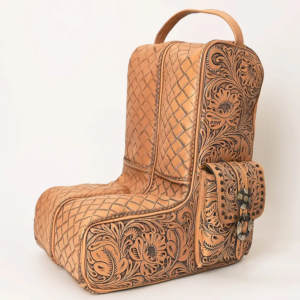 American Darling Western Boot Cover Travel Case Handcrafted From Hand Tooled Genuine Leather | Floral & Basketweave Design With Carry Handle 1