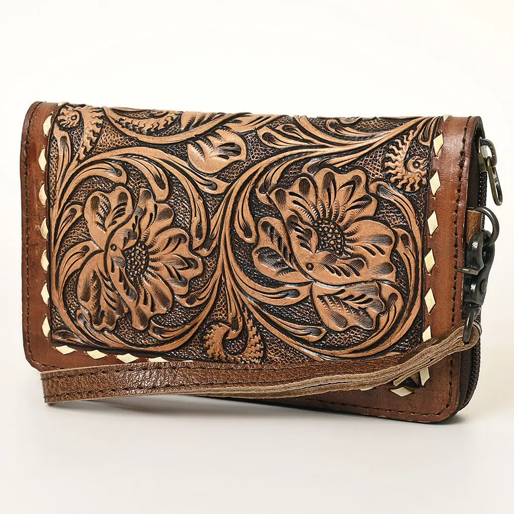 American Darling Western Wristlet Pouch Handcrafted From Tooled Genuine Leather Wallet | Floral Carved Flap & Contrast Buckstitch Detail 1