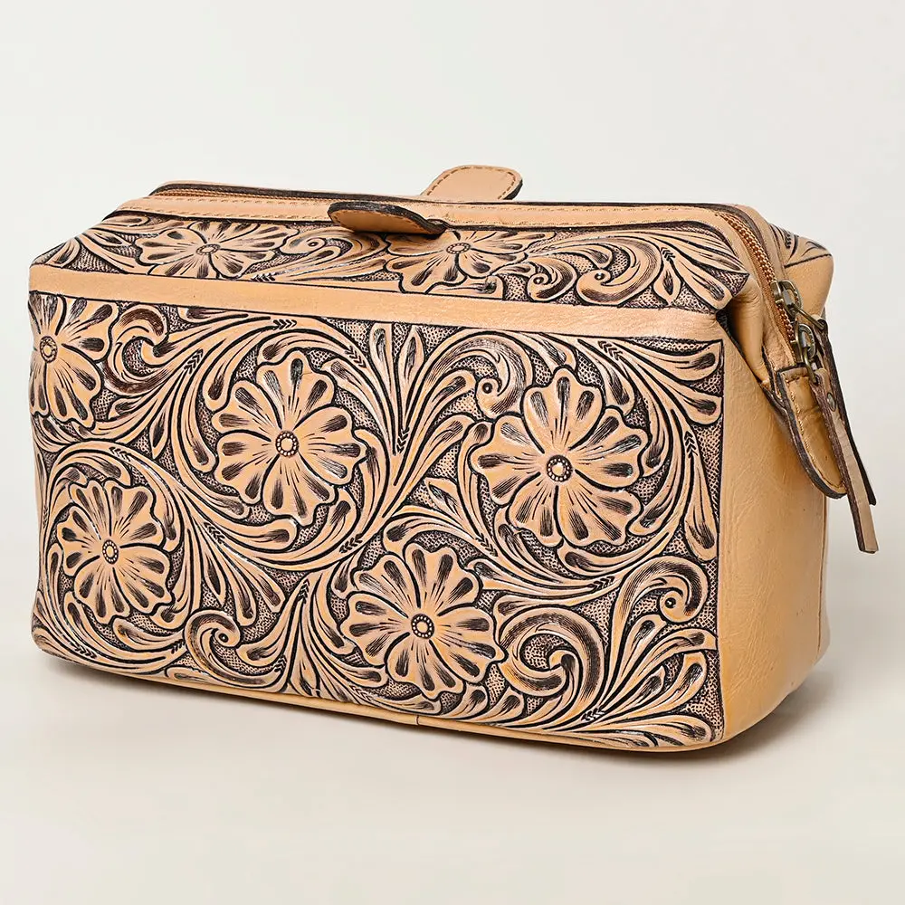American Darling Western Hand-Tooled Leather Vanity Case Organizer | Handcrafted Travel Makeup Bag With Handle And Secure Zip Closure 1