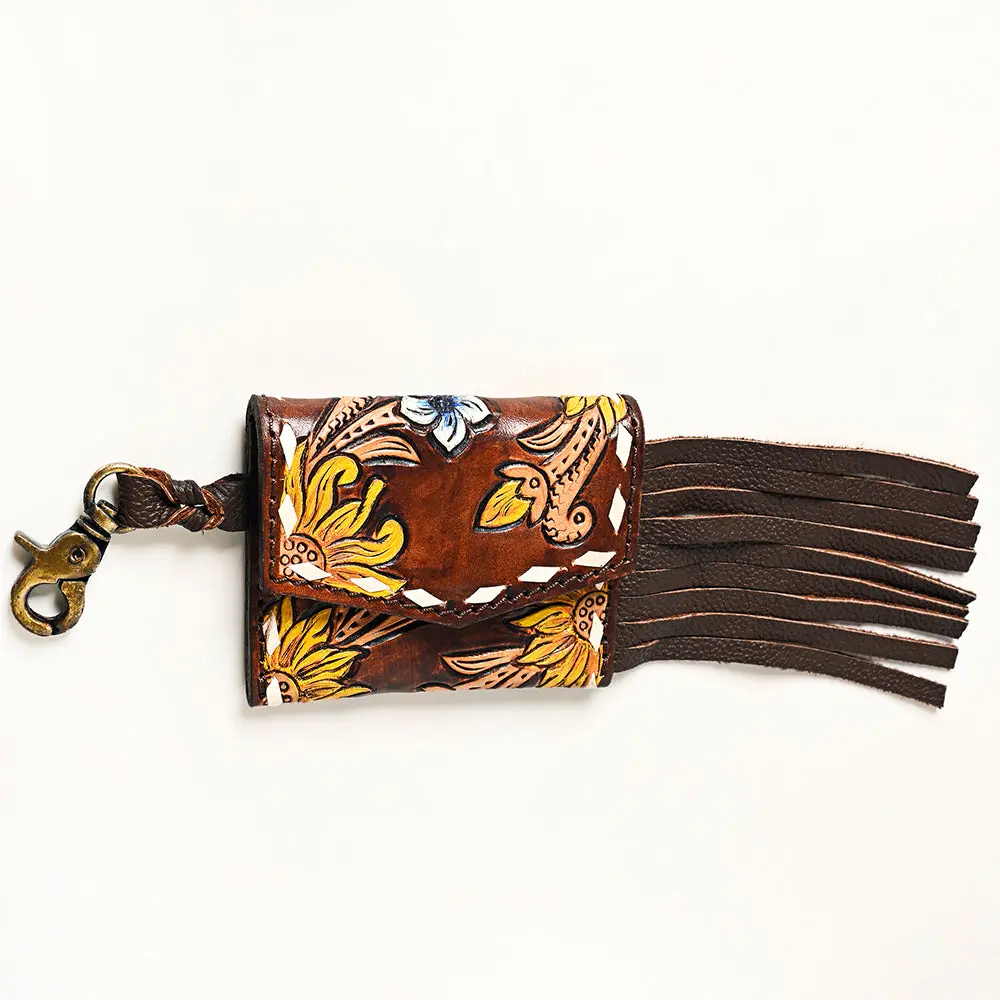American Darling Hand Tooled Floral Carved Coin Purse Fringes Eco-Friendly Vegetable-Tanned Genuine Leather Western Wallet 1