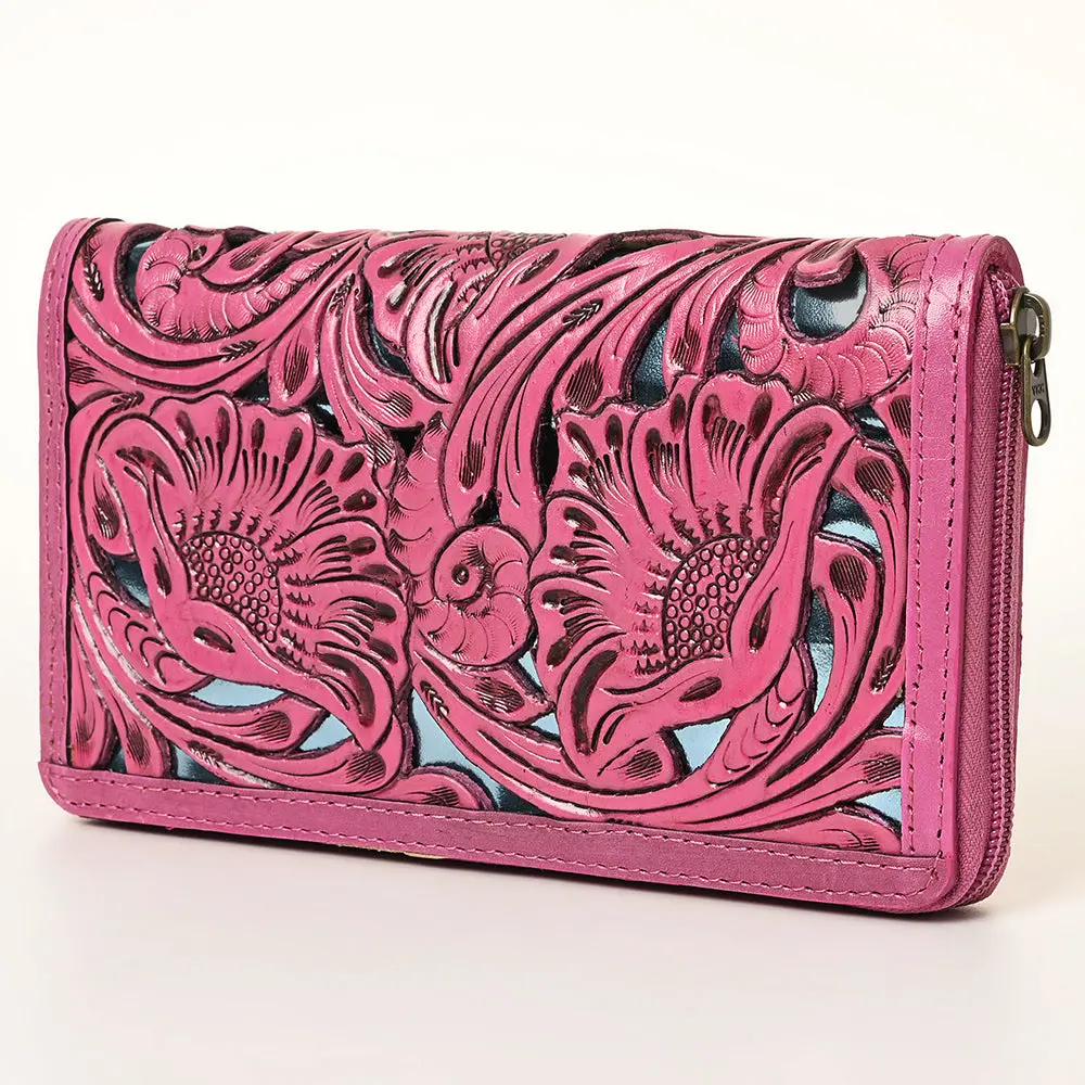 American Darling Hand-Tooled Genuine Leather Wallet Bag – Floral Carving, Durable Zip-Around Design, Multi-Compartment Organizer For Women 1