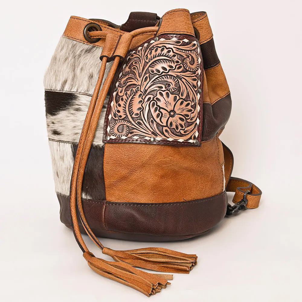 American Darling Western Leather Bucket Bag With Hair-On Cowhide Patchwork, Genuine Leather Build & Hand-Tooled Floral Accent For Everyday Western Style 1