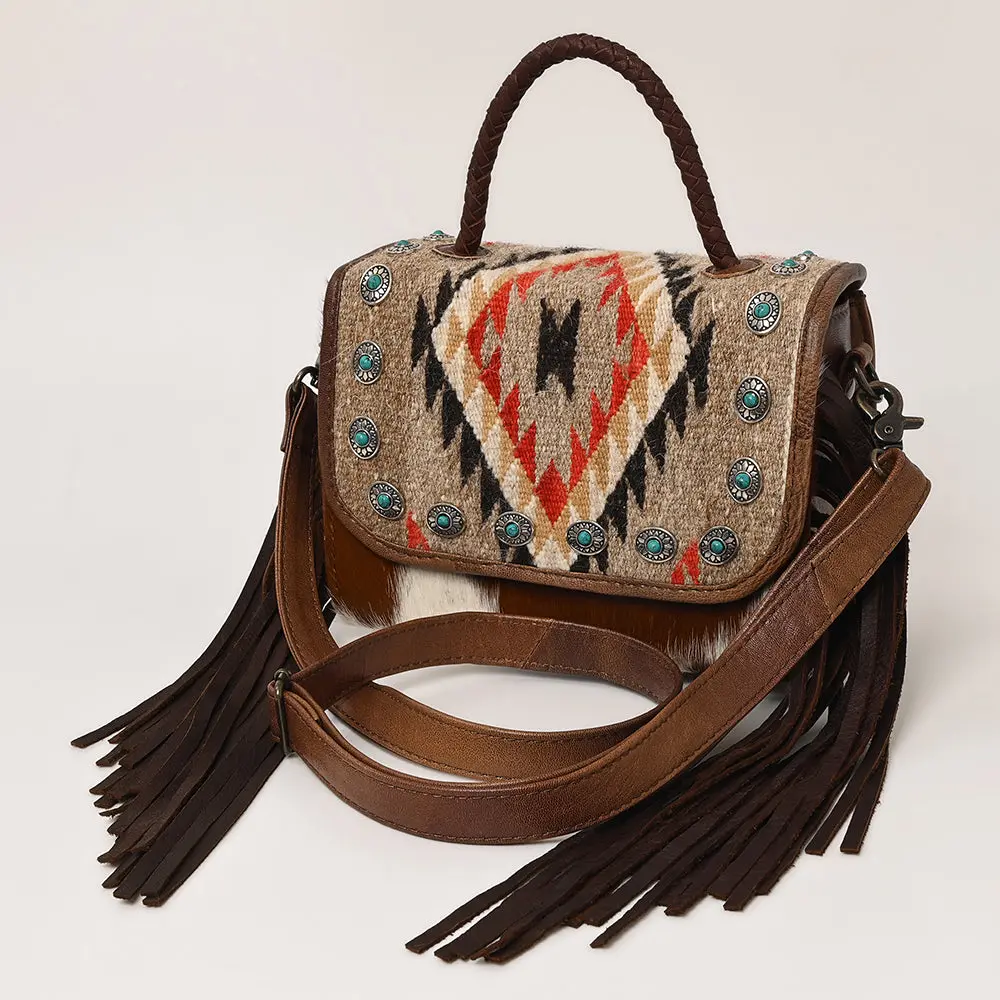 American Darling Western Leather Small Crossbody Bag With Hair-On Cowhide Fringes And Hand Woven Saddle Blanket Flap – Genuine Leather 1