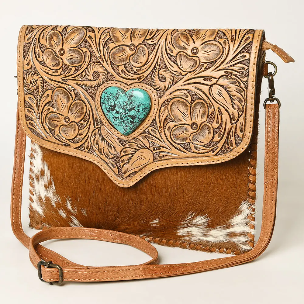 American Darling Hair-On Cowhide Western Leather Coin Purse With Hand-Tooled Floral Carving & Genuine Leather Construction 1