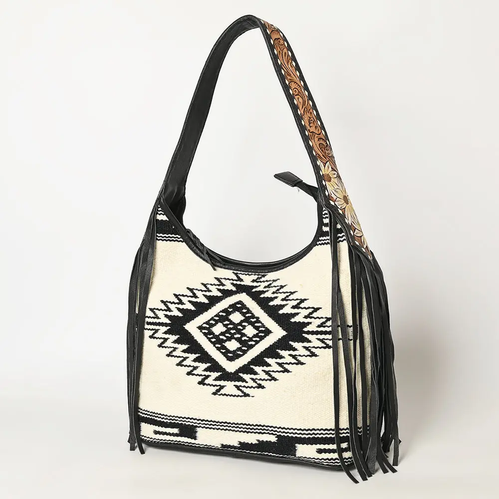 American Darling Western Leather Hobo Bag – Genuine Leather, Fringe, Handwoven Saddle Blanket, Everyday Carry Tote 1