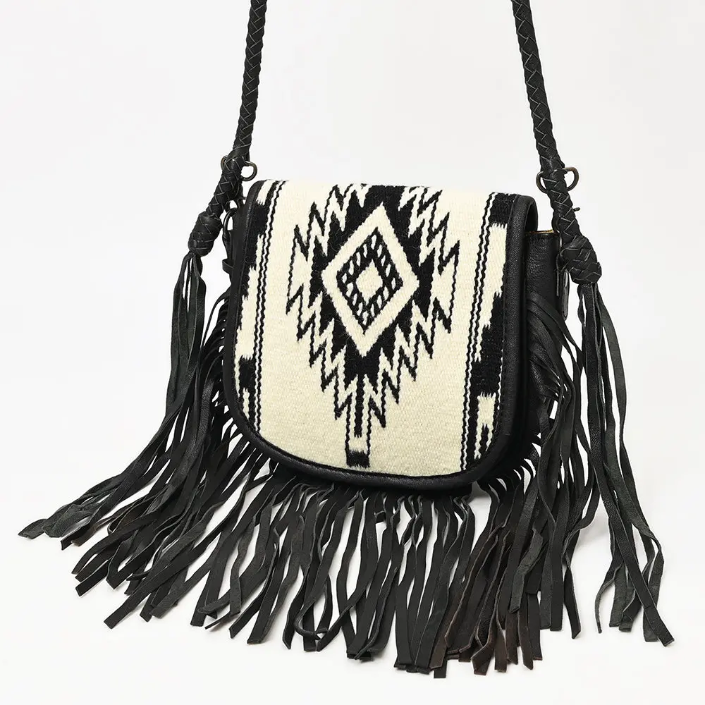 American Darling Western Leather Crossbody Bag With Fringe, Hand Woven Saddle Blanket Front & Genuine Leather Body 1
