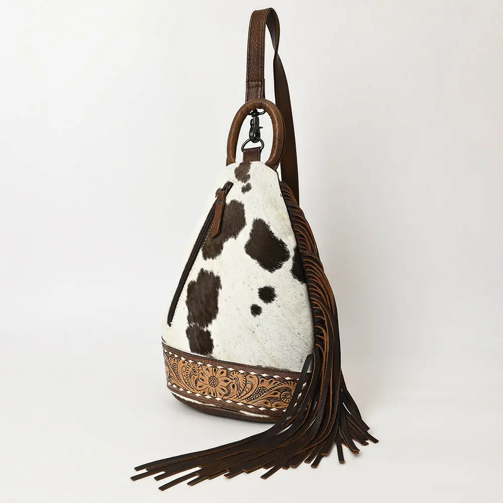 American Darling Western Cowhide Leather Sling Bag Hand-Tooled Floral Fringe Crossbody Genuine Leather Handmade Western Purse 1