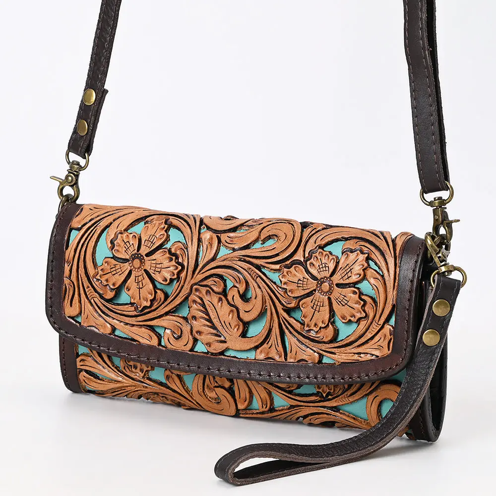 American Darling Western Leather Small Cross Body Bag - Eco-Friendly Vegetable Tanned Full Grain Leather Hand Tooled Floral Carved Purse 1