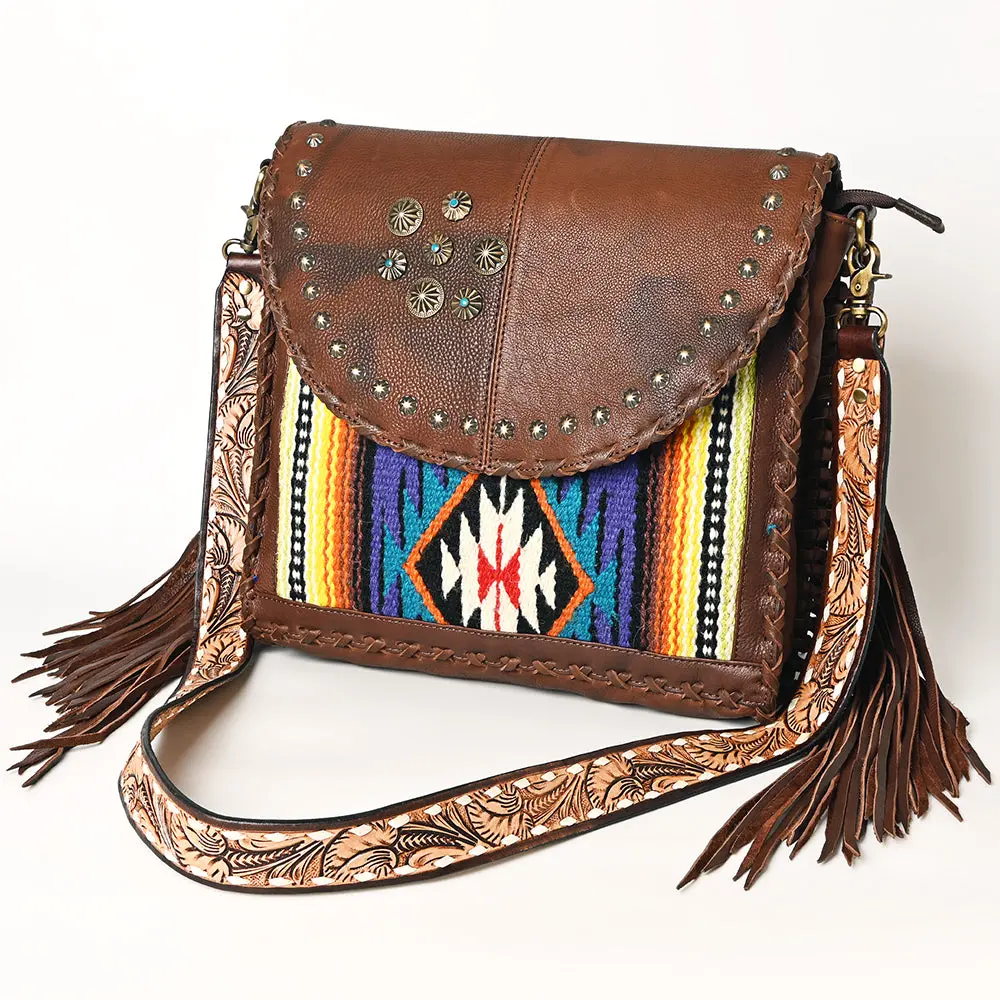 American Darling Western Leather Cross Body Bag - Full Grain Leather Hand Woven Saddle Blanket Hand Tooled Floral Purse 1