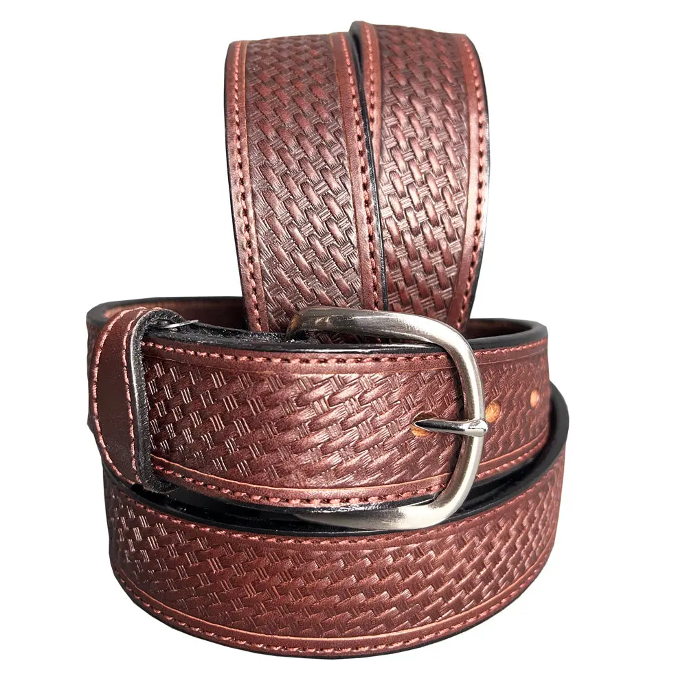 Hilason Western Heavy Duty Genuine Leather Mens Belt Basket Weave Mahogany | Belts 1