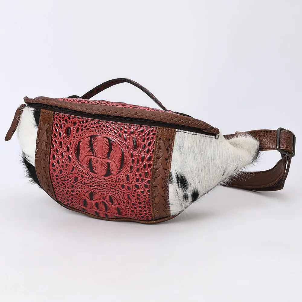American Darling Western Leather Fanny Pack With Hair-On Cowhide, Crocodile Embossed Detail & Adjustable Strap – Genuine Leather 1