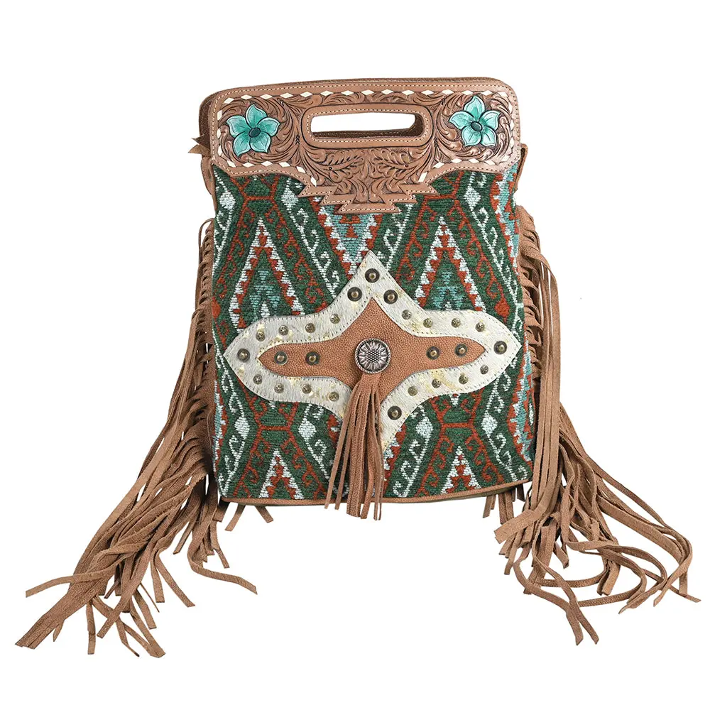 Ohlay Cross Body Hand Tooled Upcycled Wool Canvas Hair-On Genuine Leather Women Bag Western Handbag Purse | For Womens Summer 1