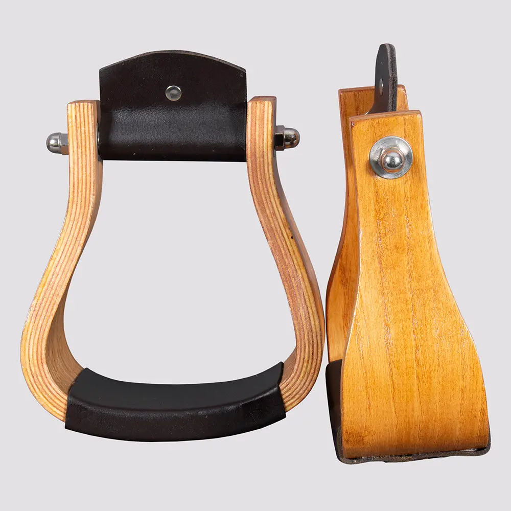Bar H Equine Western Horse Oak Wood Genuine Leather Cover Bell Stirrup Tan 1