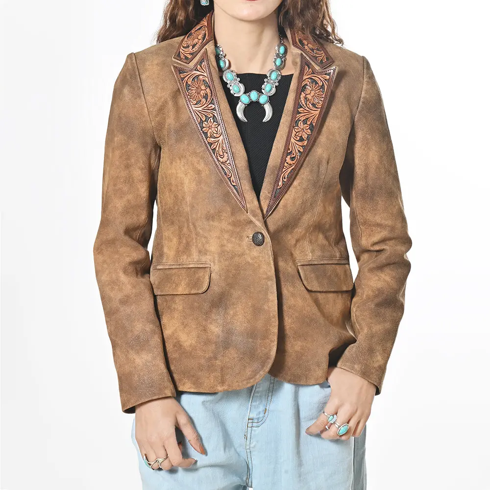 American Darling Women’S Premium Genuine Leather Blazer - Hand-Tooled Western Lapel Jacket, Vintage Brown Cowgirl Coat 1
