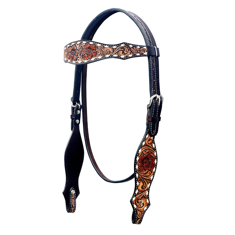 Bar H Equine Western Horse Floral Hand Painted Genuine Leather Buckstich Headstall Brown 1