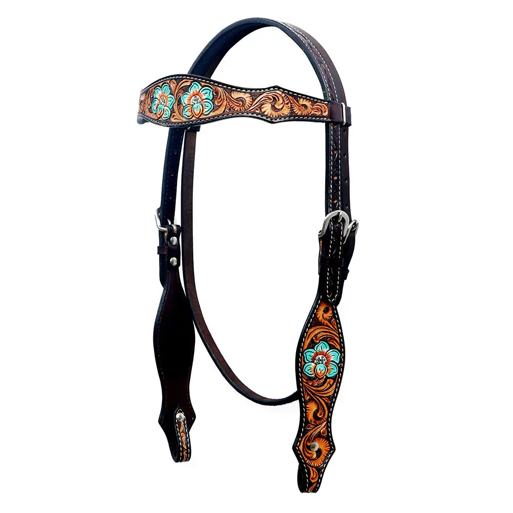 Bar H Equine Western Horse Floral Hand Painted Genuine Leather Buckstich Headstall Brown 1
