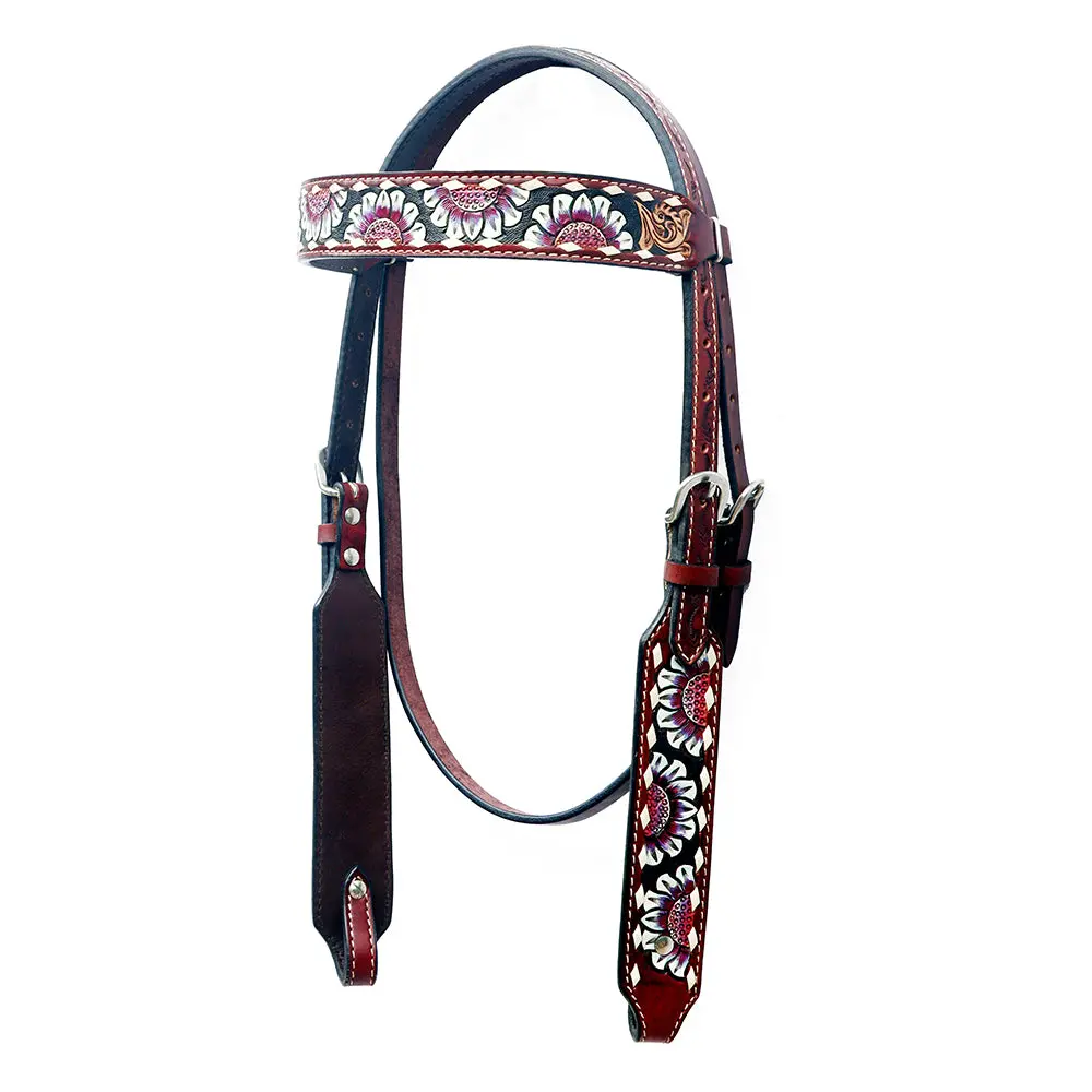 Bar H Equine Western Horse Floral Hand Painted Genuine Leather Headstall Dark Brown 1