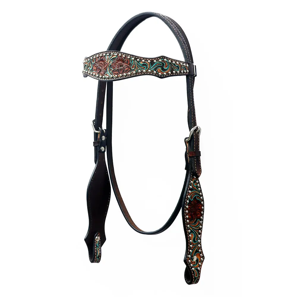 Bar H Equine Western Horse Floral Hand Painted Genuine Leather Rivet Headstall Dark Brown 1