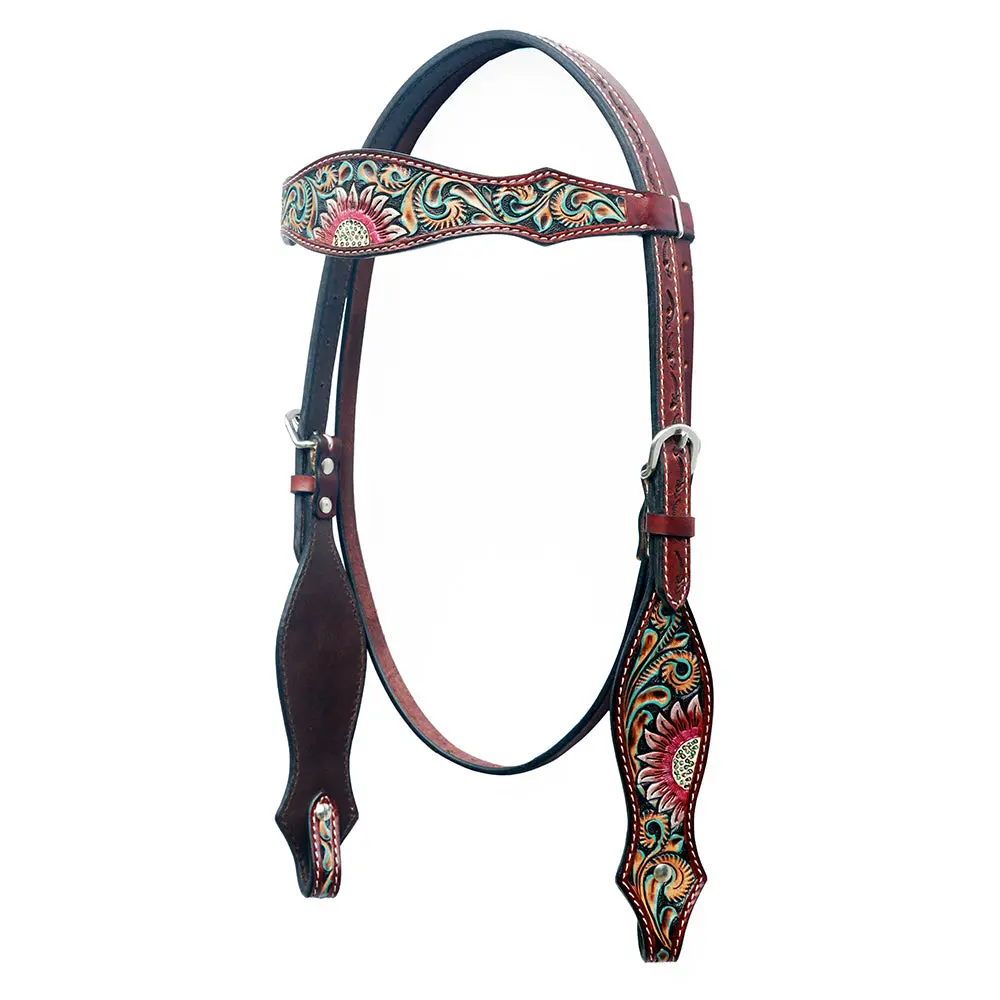 Bar H Equine Western Horse Floral Hand Painted Genuine Leather Headstall Dark Brown 1