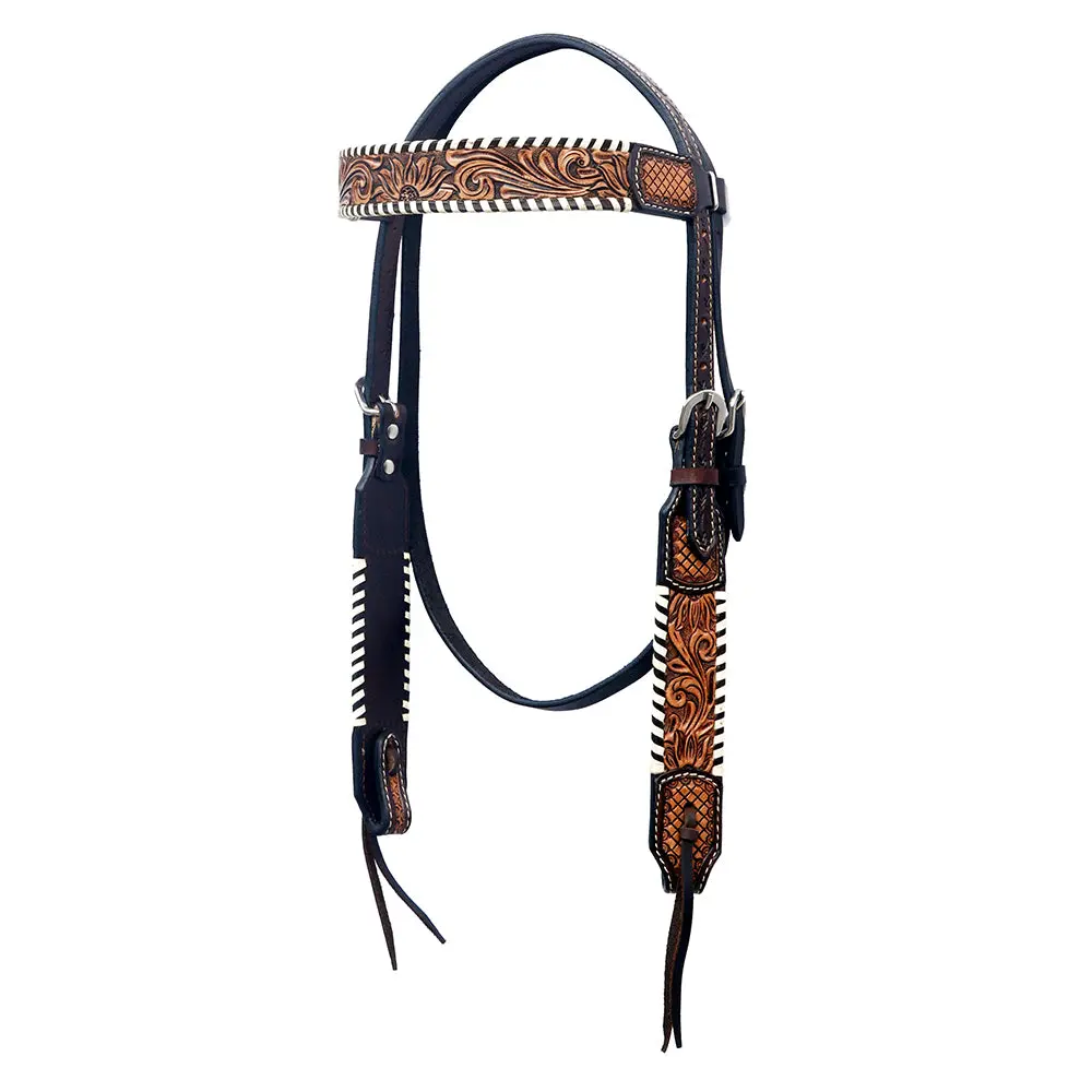 Bar H Equine Western Horse Floral Hand Painted Genuine Leather Headstall Dark Tan 1