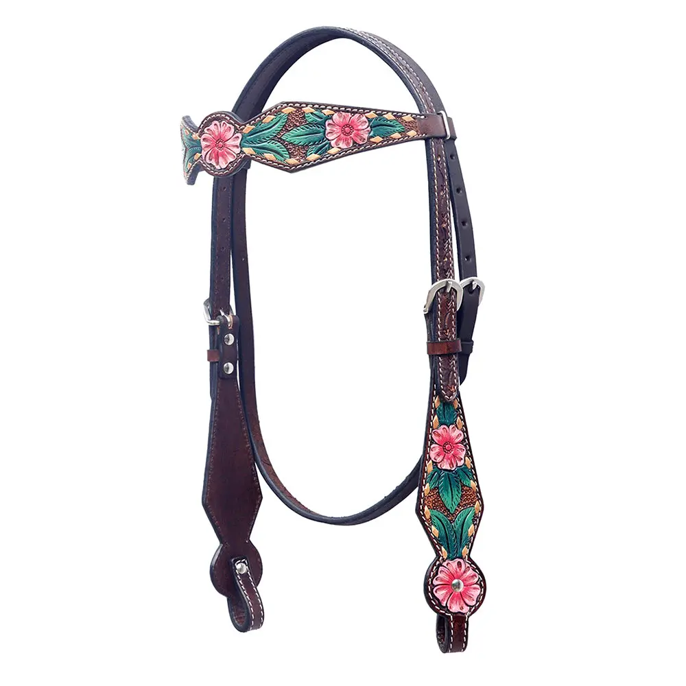 Bar H Equine Western Horse Floral Hand Painted Genuine Leather Headstall Dark Brown 1