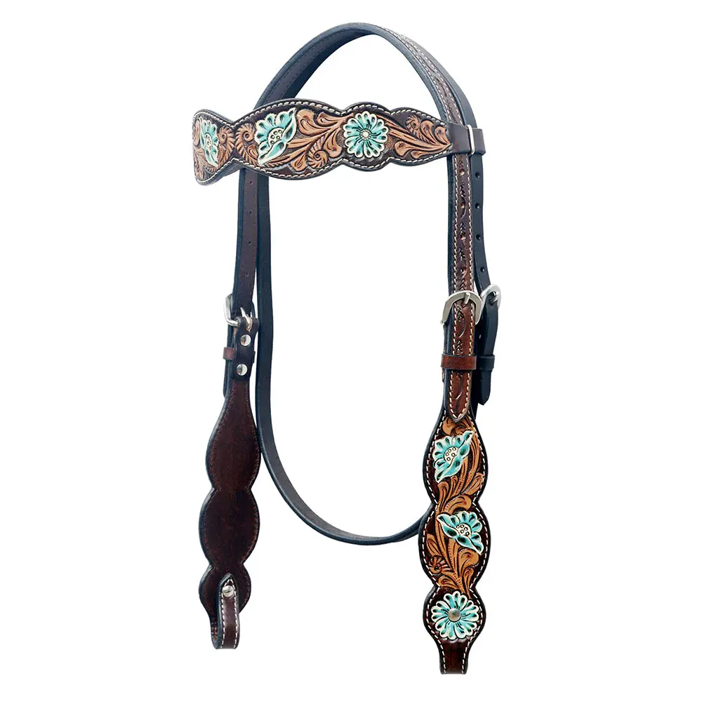 Bar H Equine Western Horse Floral Hand Painted Genuine Leather Headstall Dark Tan 1
