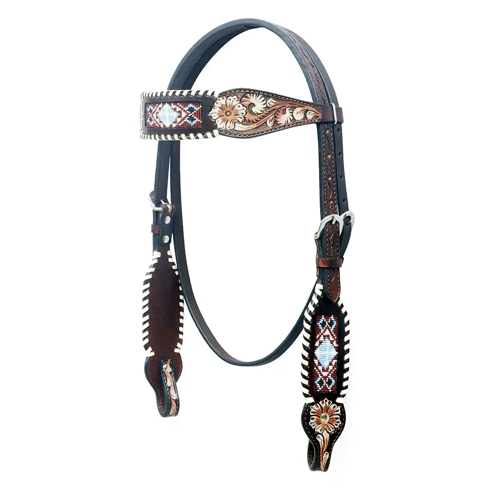 Bar H Equine Western Horse Floral Hand Painted Genuine Leather Beaded Inlay Headstall Dark Brown 1
