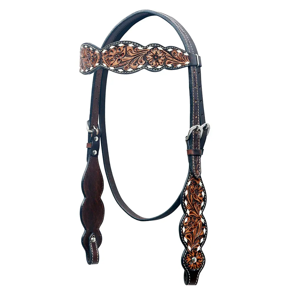 Bar H Equine Western Horse Floral Hand Painted Genuine Leather Buckstich Headstall Brown 1