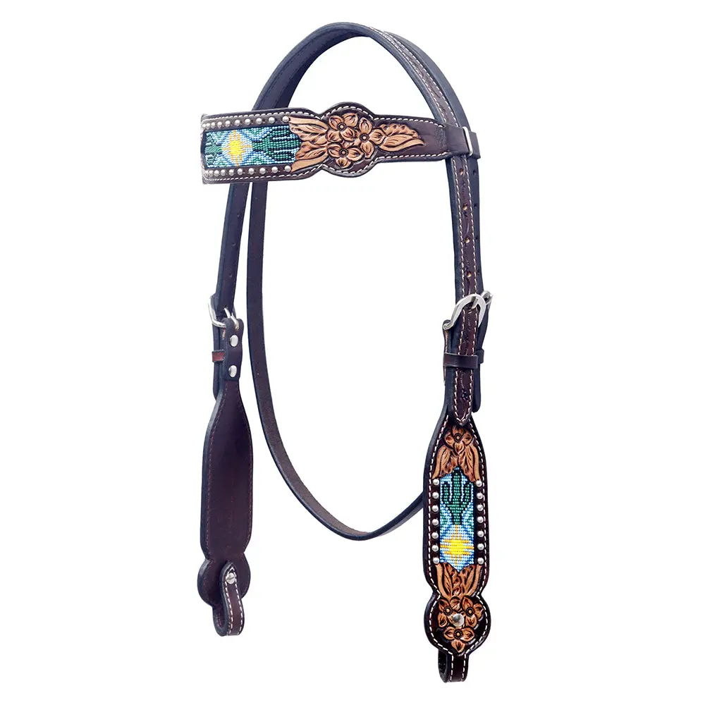 Bar H Equine Western Horse Floral Hand Painted Genuine Leather Beaded Inlay Headstall Dark Brown 1