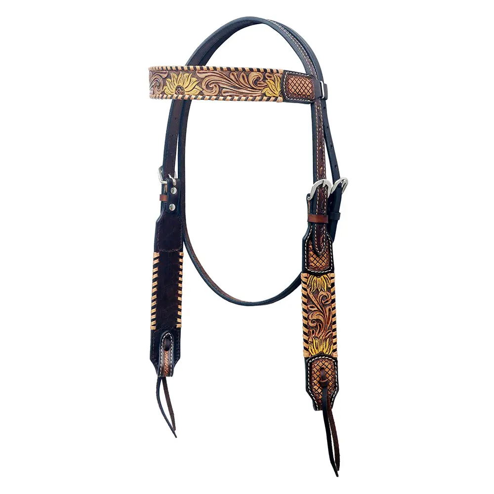 Bar H Equine Western Horse Floral Hand Painted Genuine Leather Headstall Tan 1