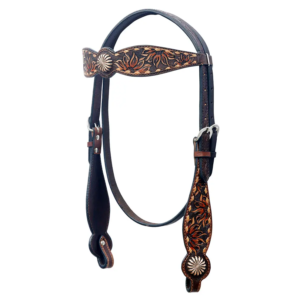 Bar H Equine Western Horse Floral Hand Painted Genuine Leather Headstall Dark Brown 1