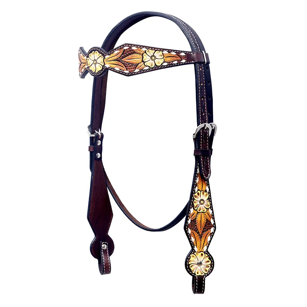 Bar H Equine Western Horse Floral Hand Painted Genuine Leather Headstall Dark Brown 1