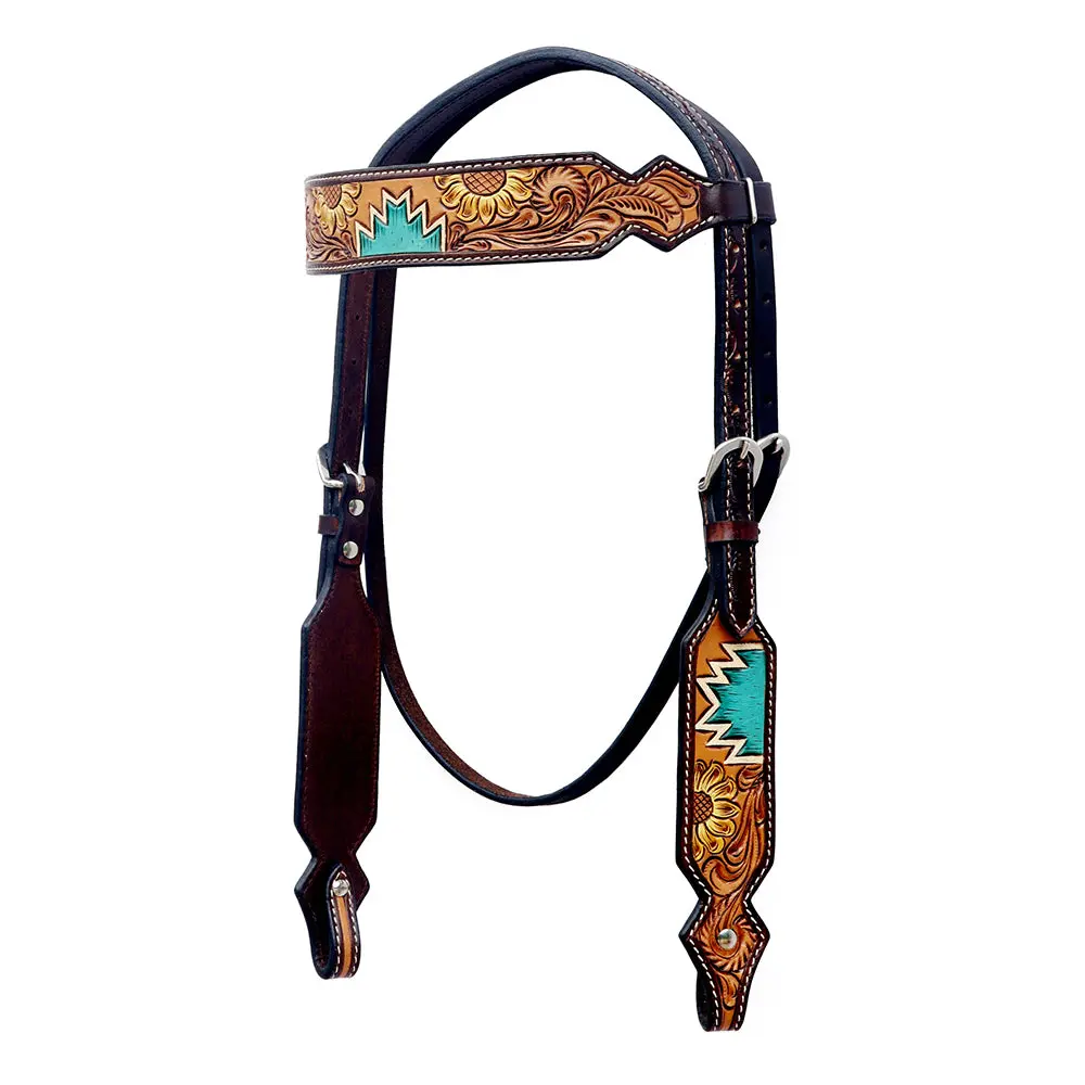 Bar H Equine Western Horse Floral Hand Painted Genuine Leather Headstall Tan 1
