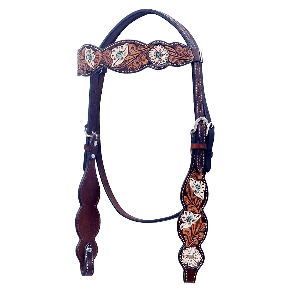 Bar H Equine Western Horse Floral Hand Painted Genuine Leather Headstall Dark Brown 1