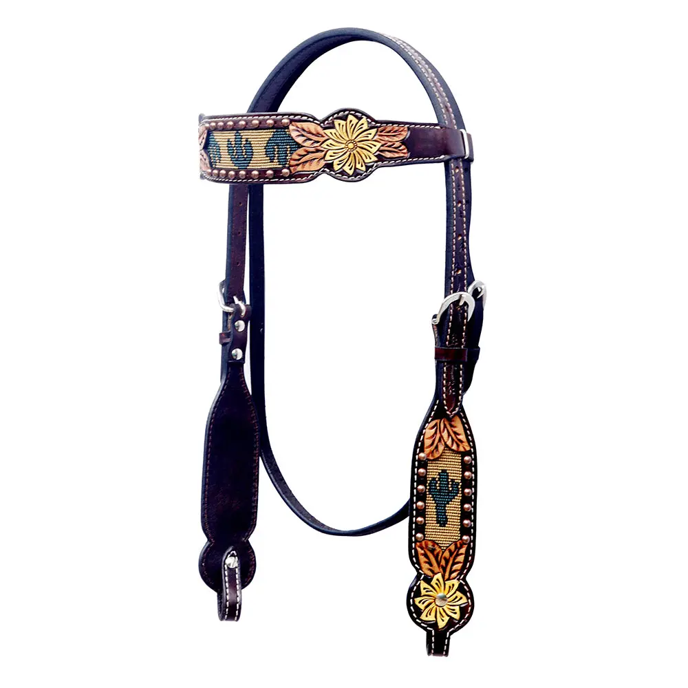 Bar H Equine Western Horse Floral Hand Painted Genuine Leather Beaded Inlay Headstall Dark Brown 1