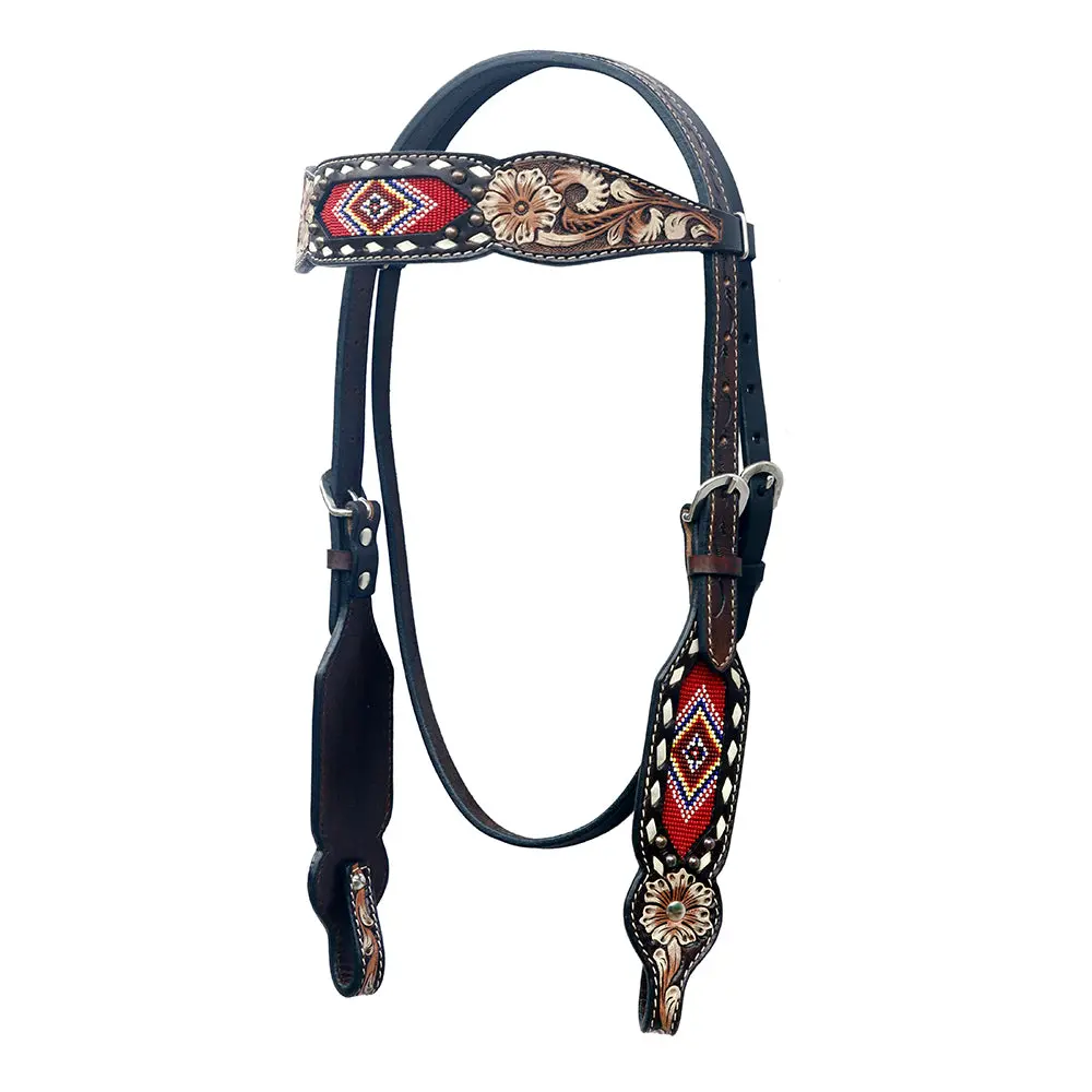 Bar H Equine Western Horse Floral Hand Painted Genuine Leather Beaded Inlay Headstall Dark Brown 1