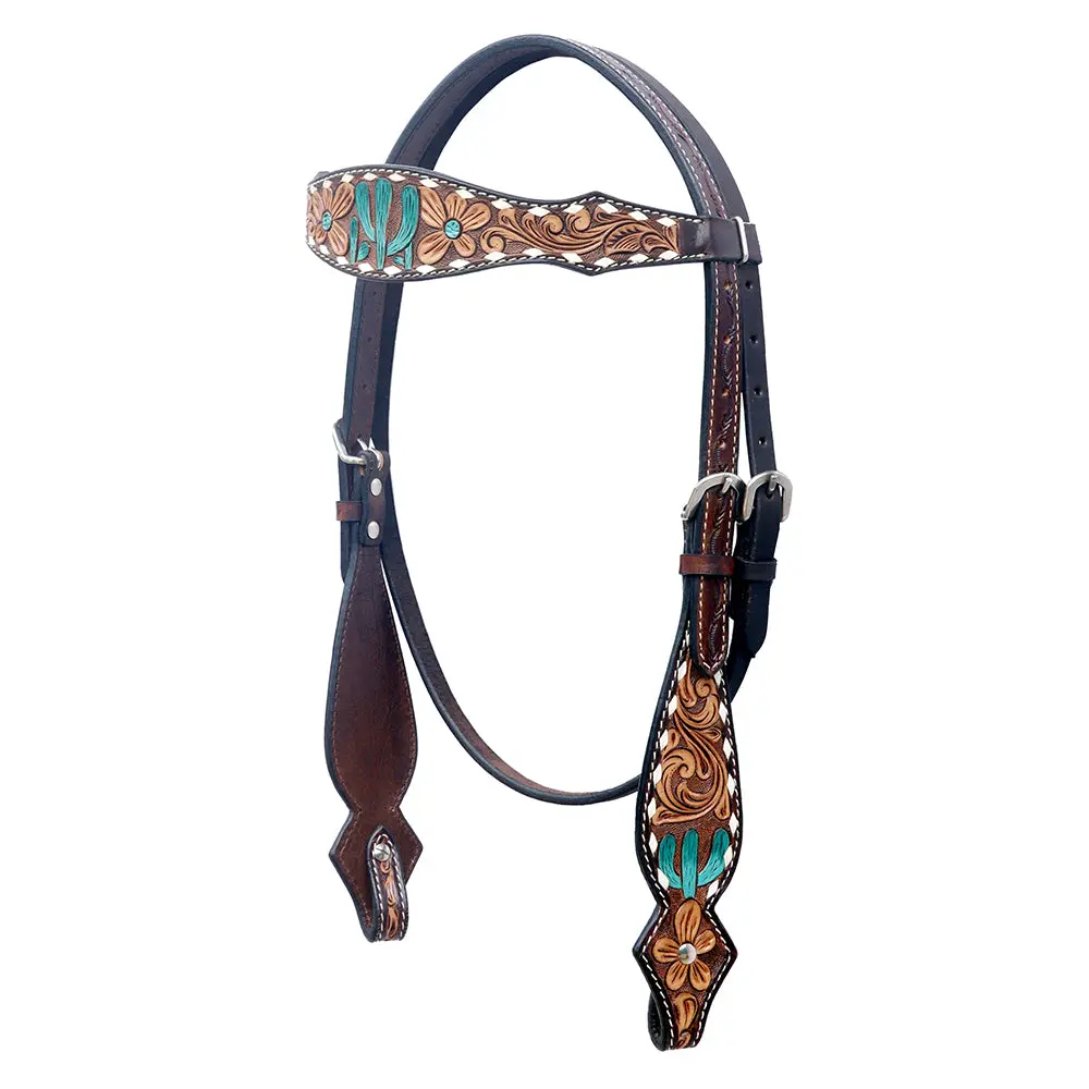 Bar H Equine Western Horse Floral Hand Painted Genuine Leather Headstall Dark Brown 1