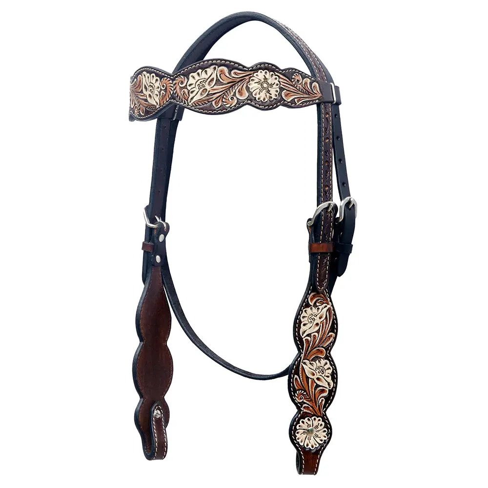 Bar H Equine Western Horse Floral Hand Painted Genuine Leather Headstall Dark Brown 1