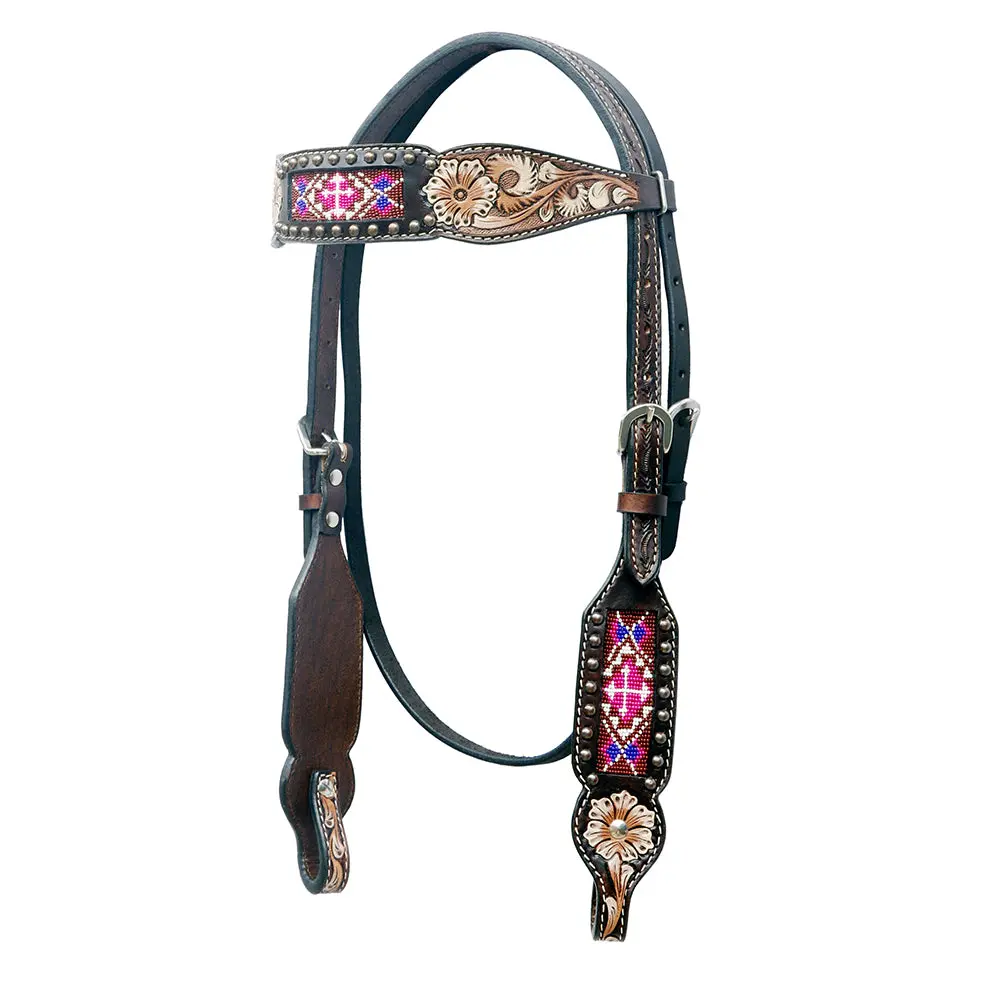 Bar H Equine Western Horse Floral Hand Painted Genuine Leather Beaded Inlay Headstall Dark Brown 1