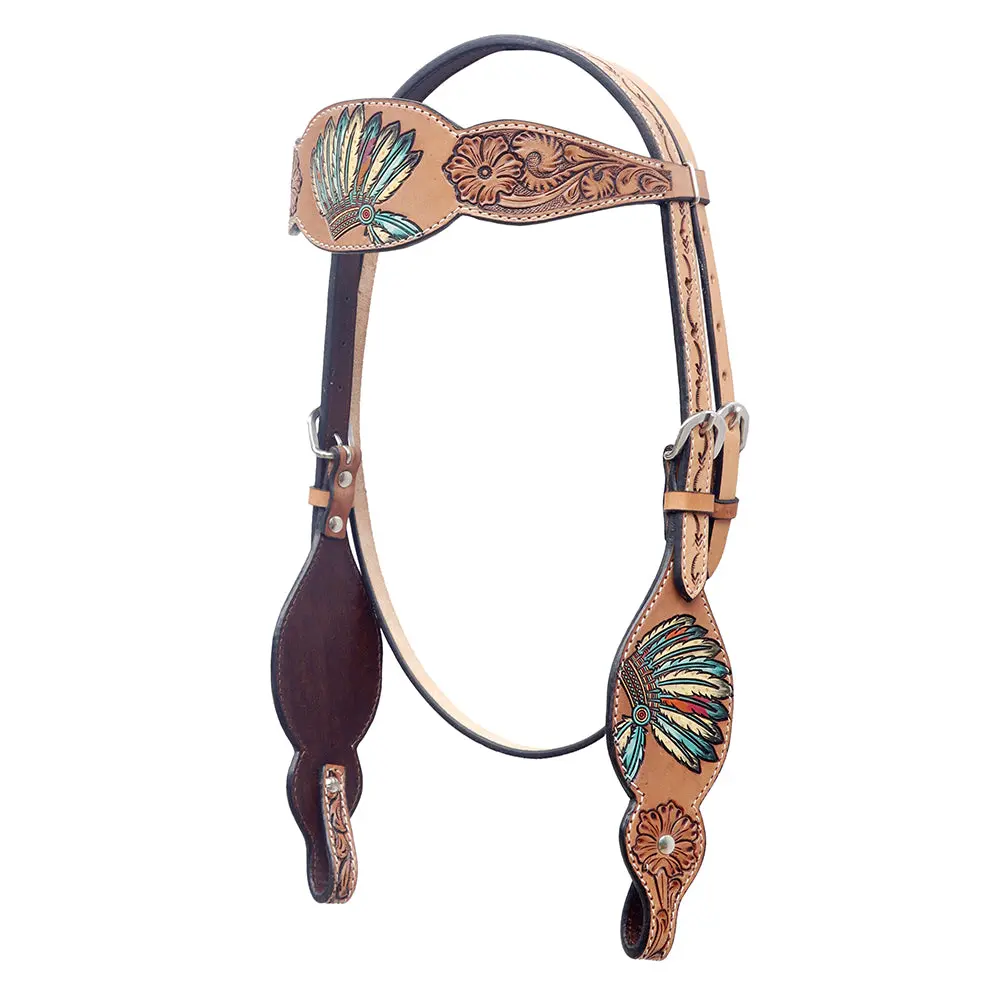 Bar H Equine Western Horse Floral Hand Painted Genuine Leather Headstall Tan 1