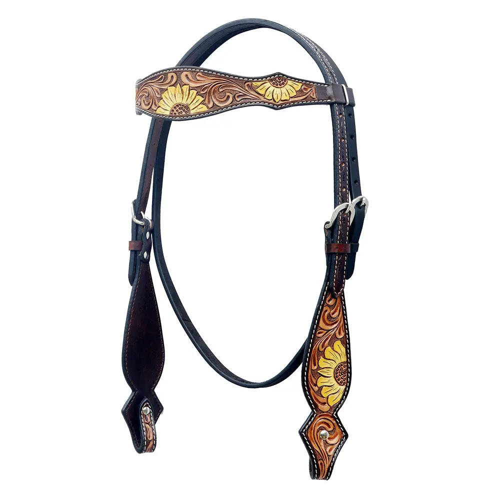 Bar H Equine Western Horse Floral Hand Painted Genuine Leather Headstall Tan 1