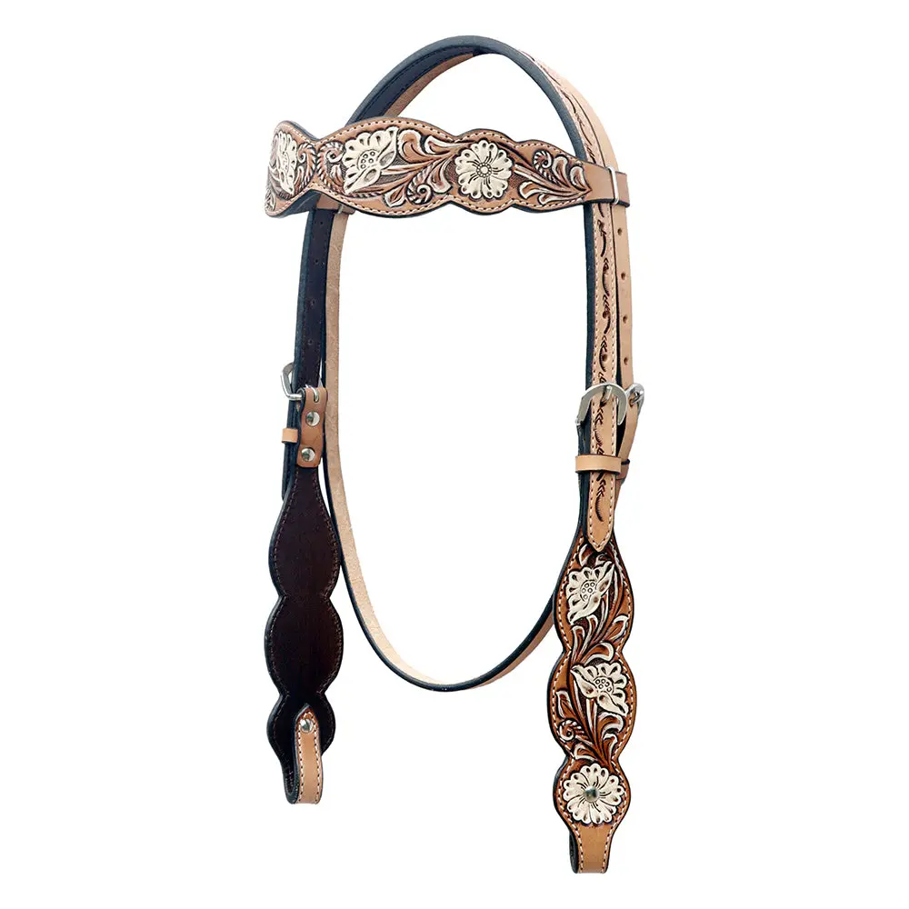 Bar H Equine Western Horse Floral Hand Painted Genuine Leather Headstall Tan 1