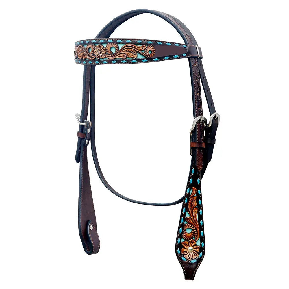 Bar H Equine Western Horse Floral Hand Painted Genuine Leather Headstall Dark Brown 1