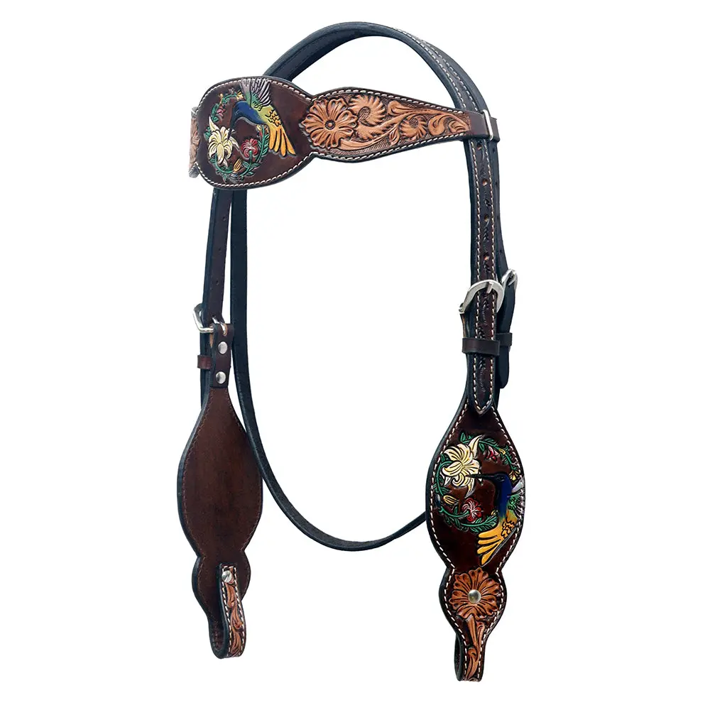 Bar H Equine Western Leather Horse Headstall Hand Painted Floral Brown 1