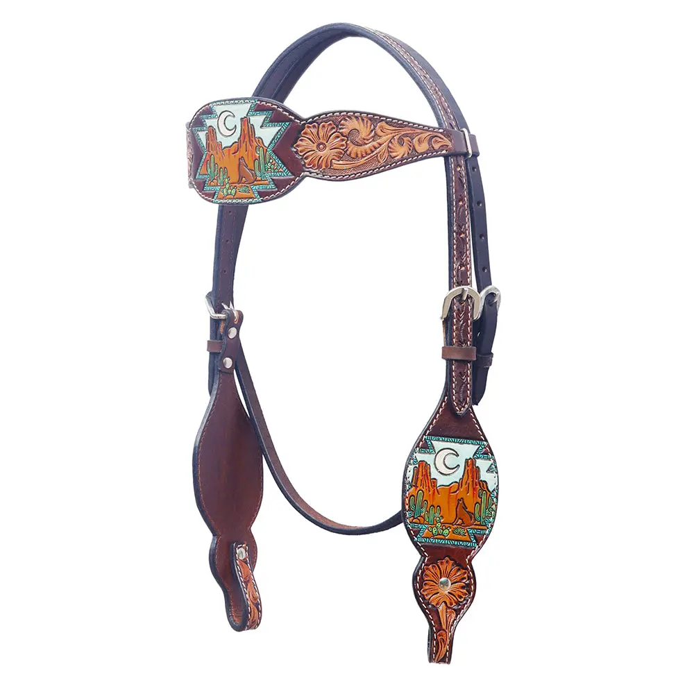 Bar H Equine Western Horse Floral Hand Painted Genuine Leather Headstall Dark Brown 1