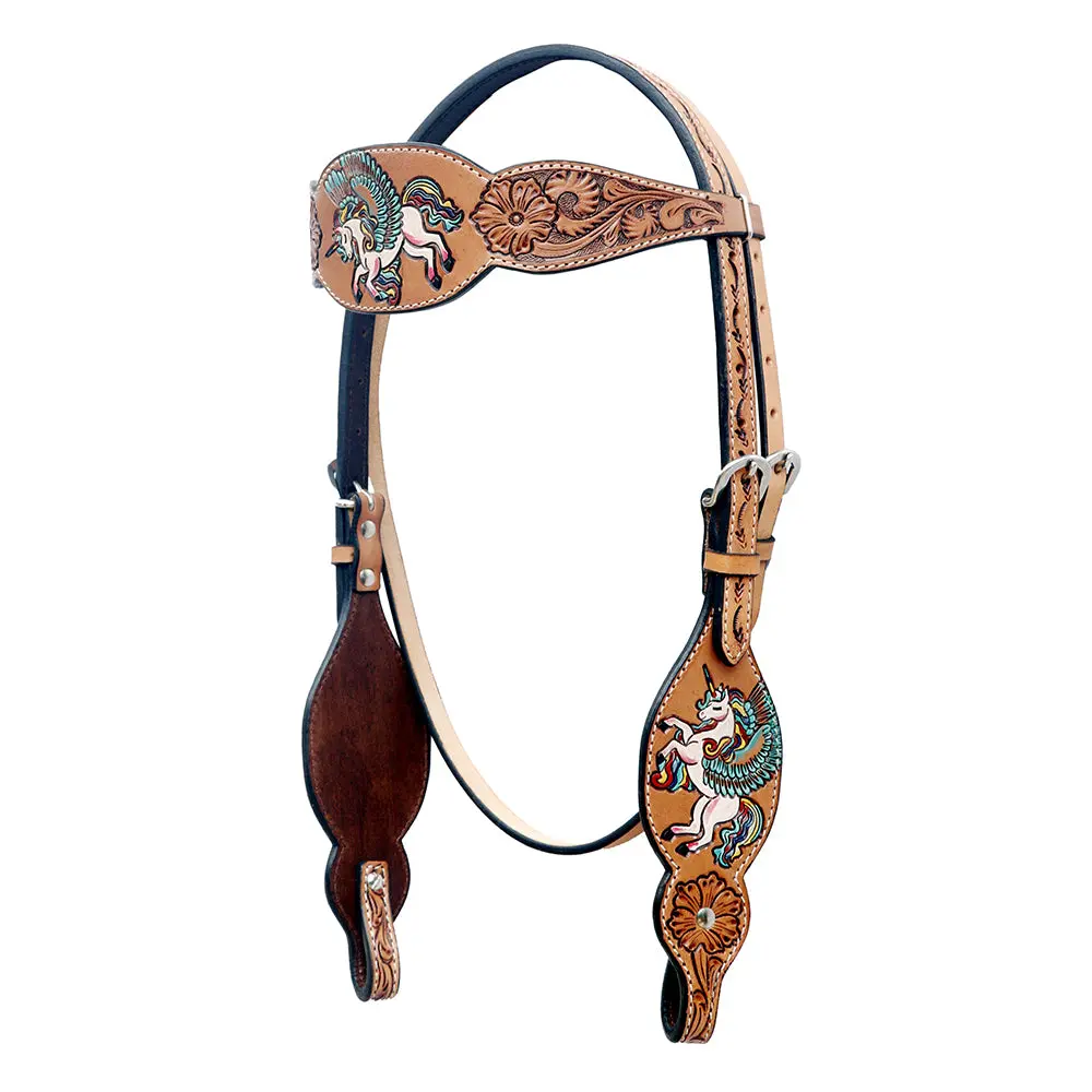 Bar H Equine Western Horse Floral Hand Painted Genuine Leather Headstall Tan 1